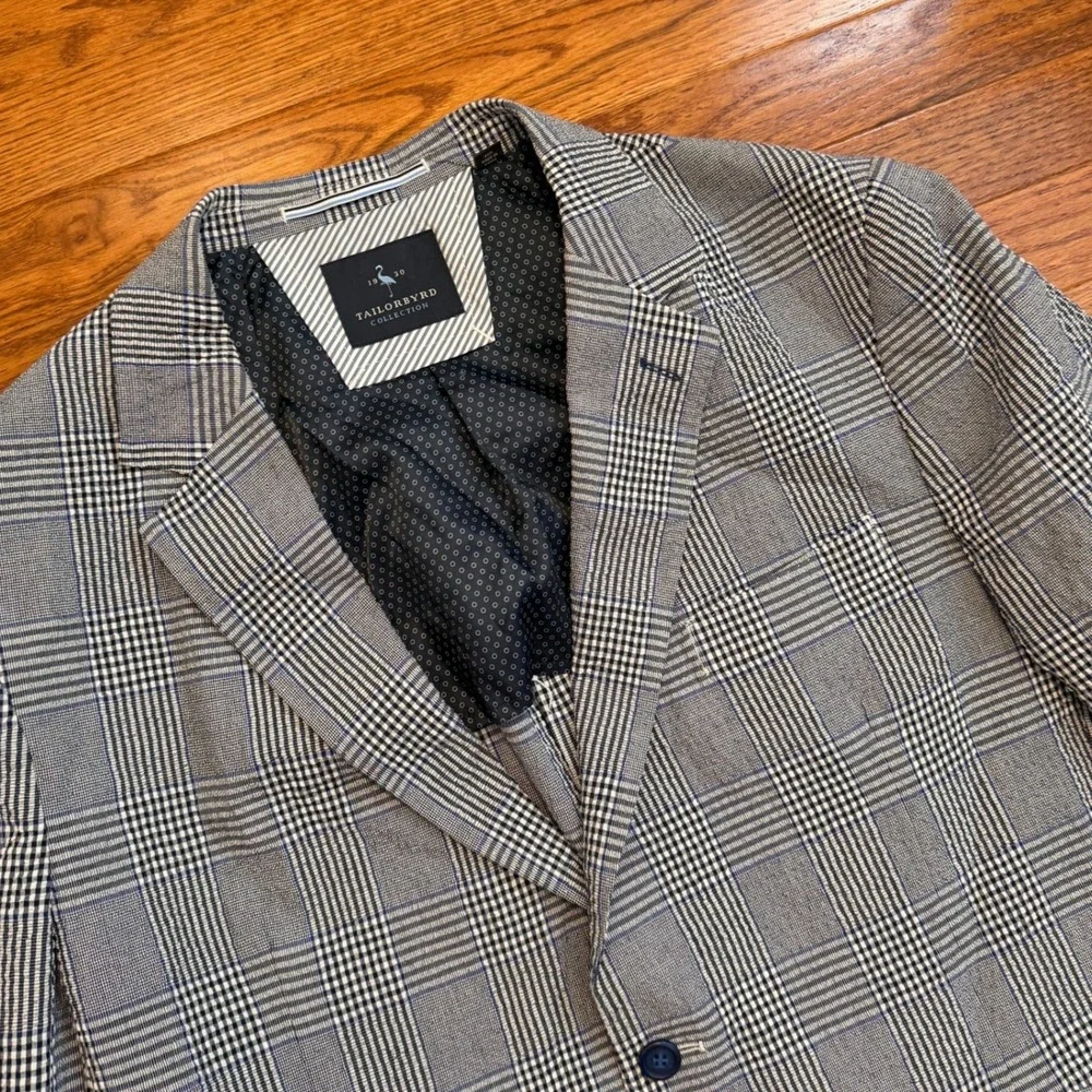 Tailorbyrd Blazer Mens 46R Gray Blue Glen Plaid Stretch Unstructured Textured